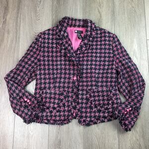Carole Little Houndstooth Long Sleeves Silk Frayed Blazer Pink Black PM